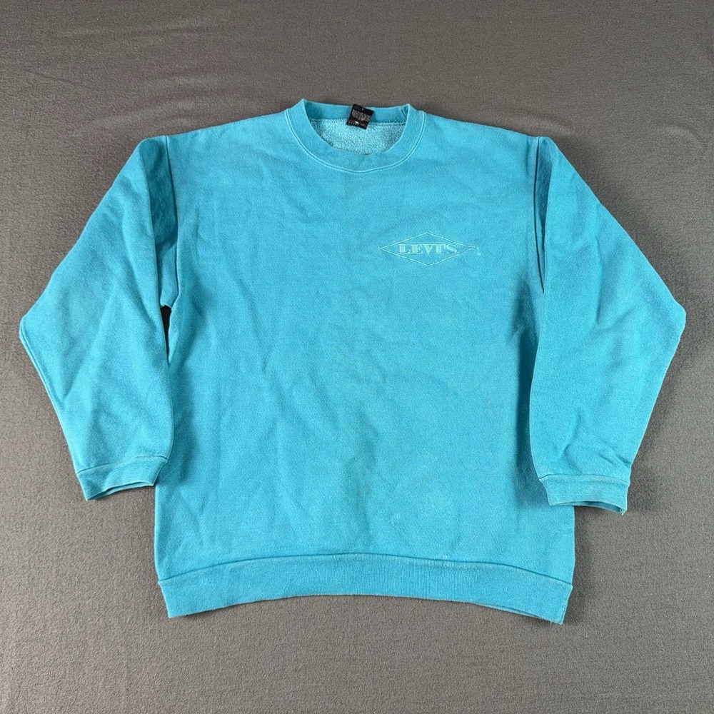 Vintage 90s Levis Turquoise Sweatshirt Womens Medium Made In USA Pullover Blue